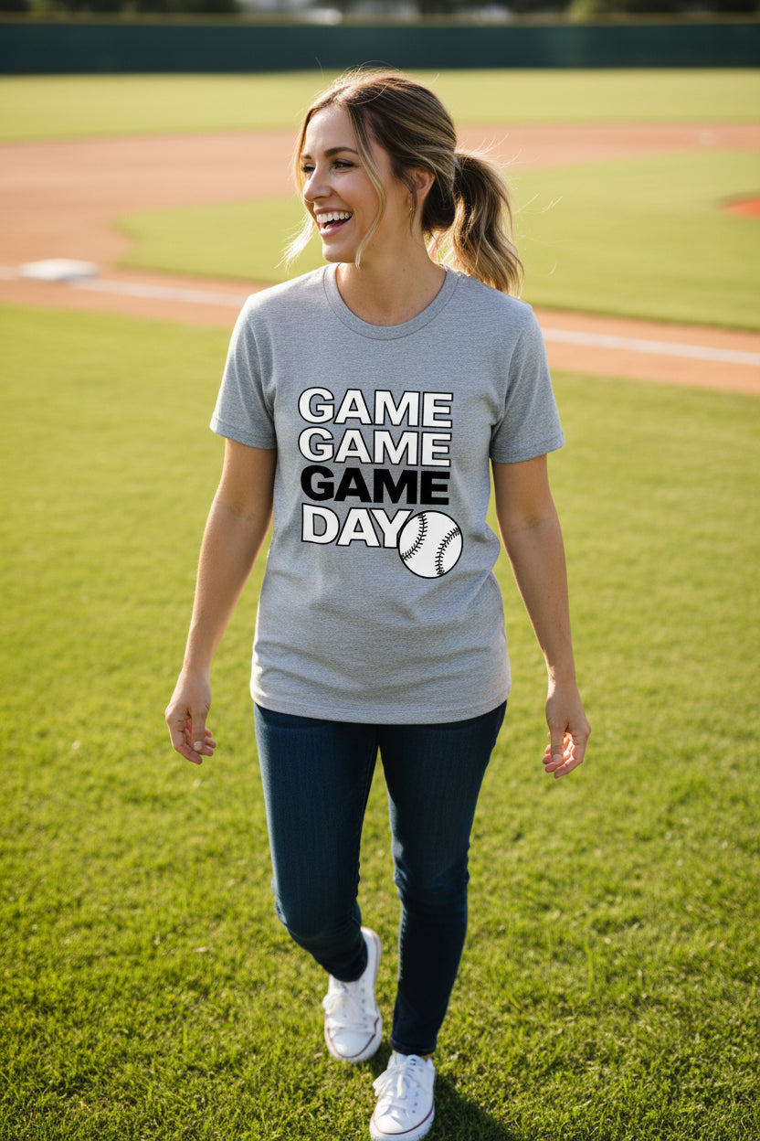 Game Game Day Baseball Ladies T-Shirt Bold Sports Fan Graphic ATHLETIC HEATHER - 6004 - FRONT
