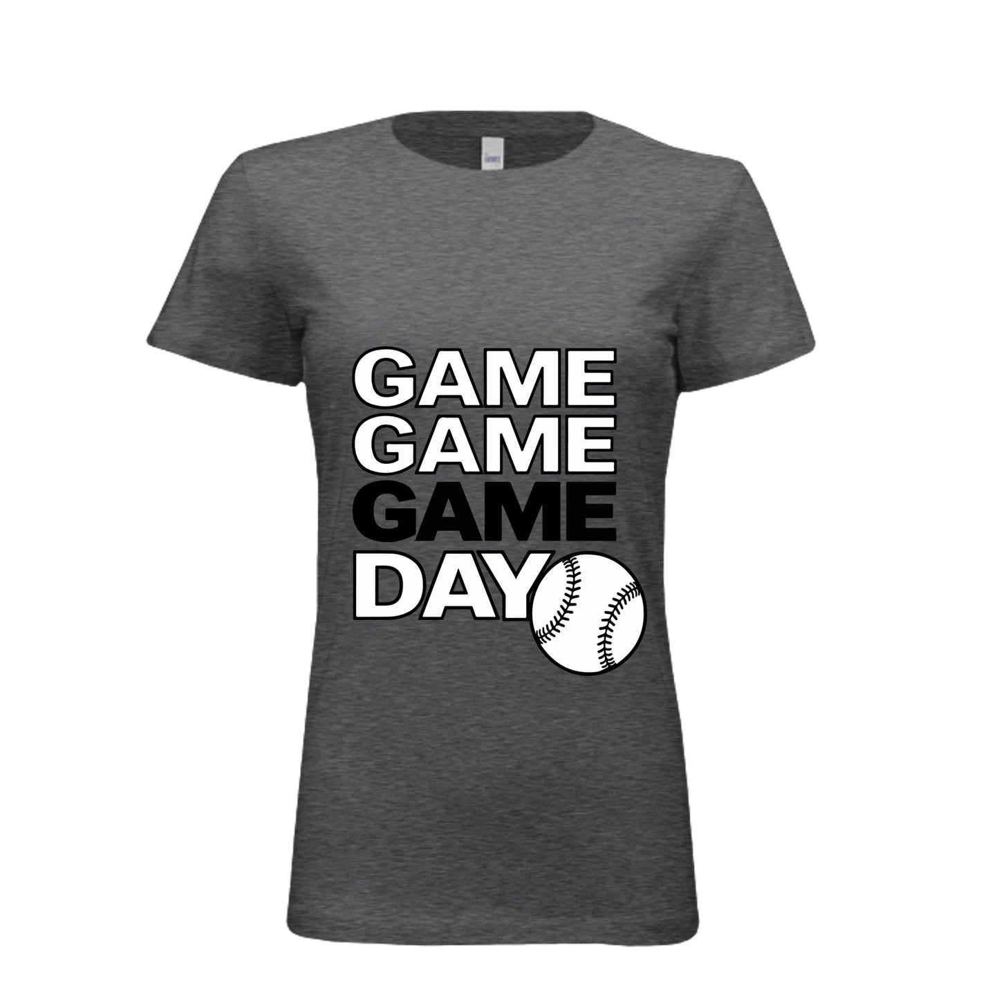 Game Game Day Baseball Ladies T-Shirt Bold Sports Fan Graphic DRK GREY HEATHER - 6004 - FRONT