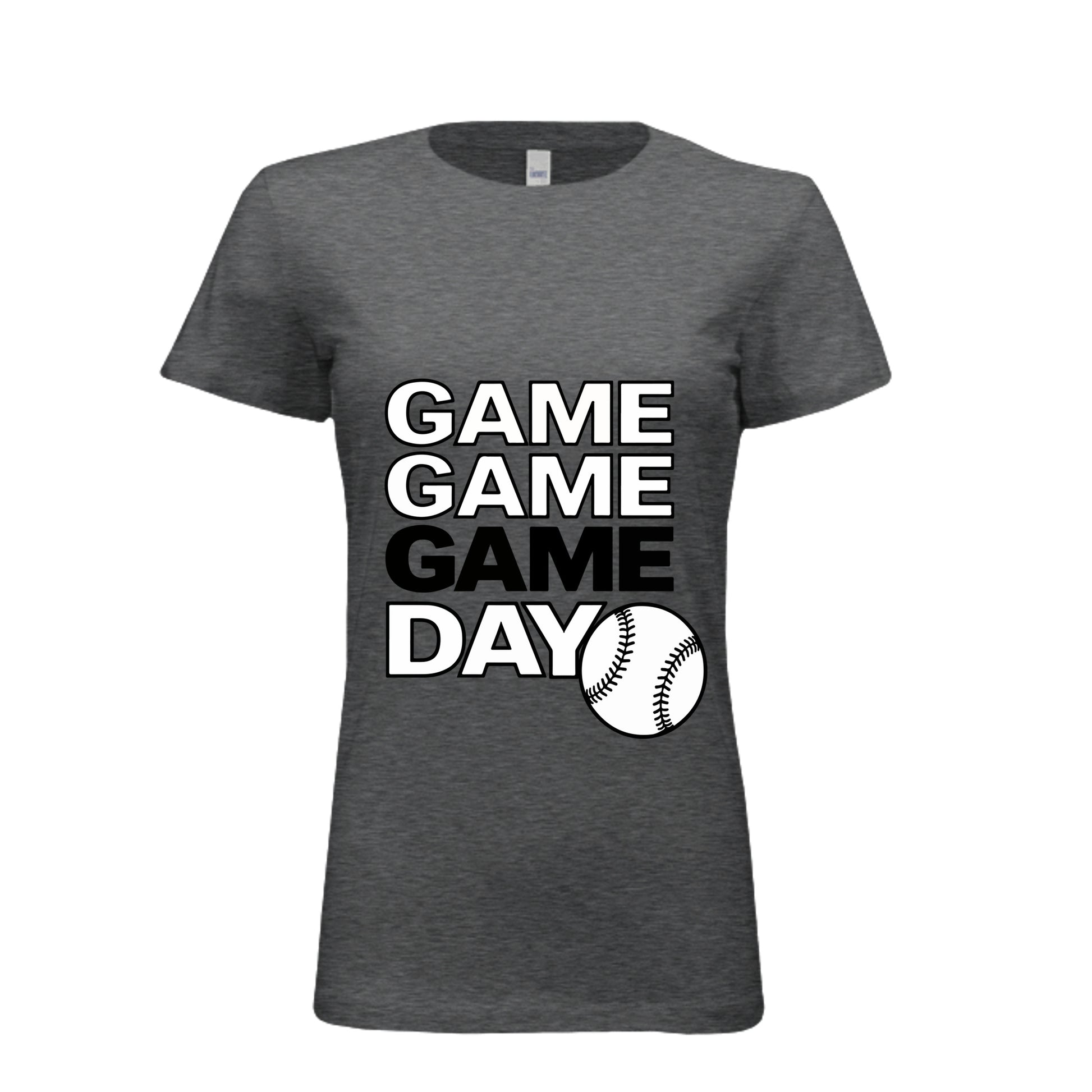 Game Game Day Baseball Ladies T-Shirt Bold Sports Fan Graphic DRK GREY HEATHER - 6004 - FRONT