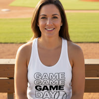 Game Game Day Baseball Ladies Tank Top Bold Sports Fan Graphic White - N1533 - FRONT