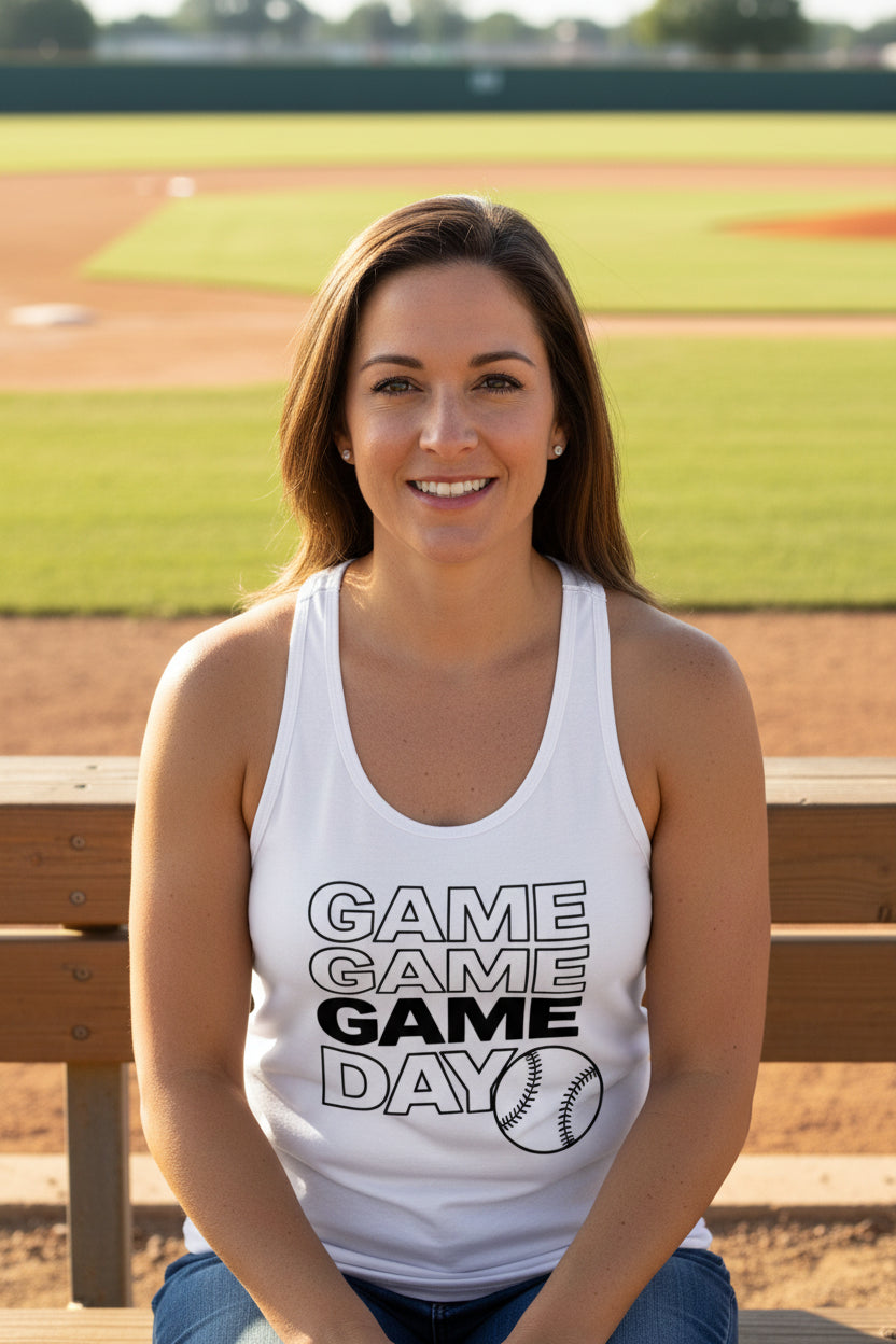Game Game Day Baseball Ladies Tank Top Bold Sports Fan Graphic White - N1533 - FRONT