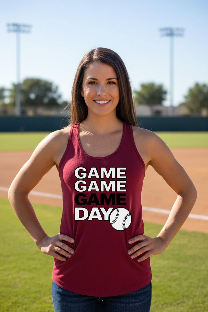 Game Game Day Baseball Ladies Tank Top Bold Sports Fan Graphic Scarlet - N1533 - FRONT