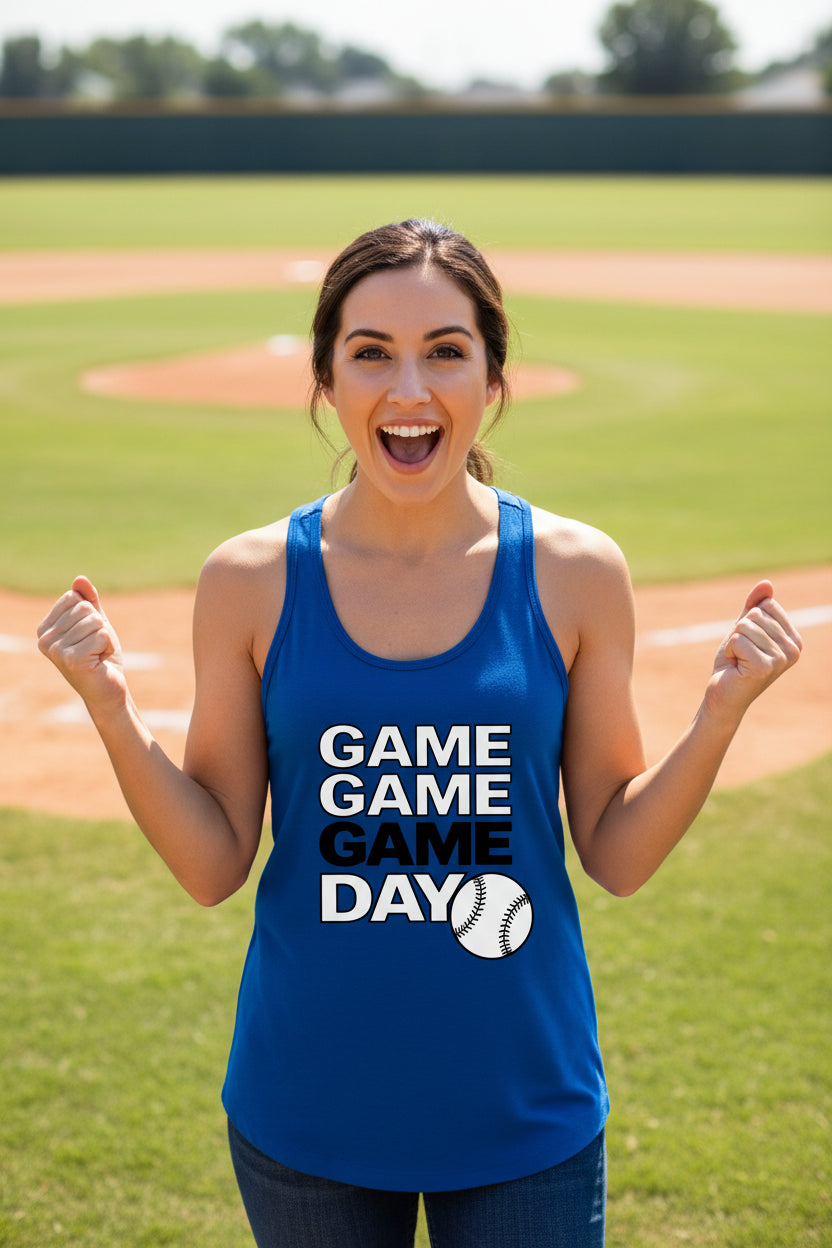 Game Game Day Baseball Ladies Tank Top Bold Sports Fan Graphic Royal - N1533 - FRONT