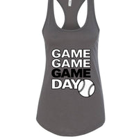Game Game Day Baseball Ladies Tank Top Bold Sports Fan Graphic Dark Gray - N1533 - FRONT
