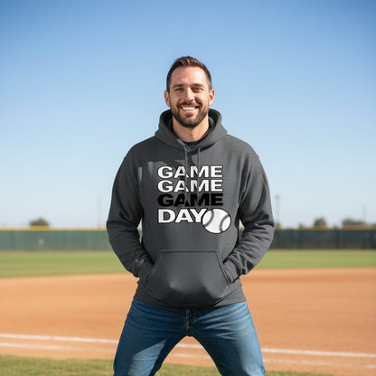 Game Game Day Baseball Mens Hoodie Bold Sports Fan Graphic DARK HEATHER - SF500 - FRONT