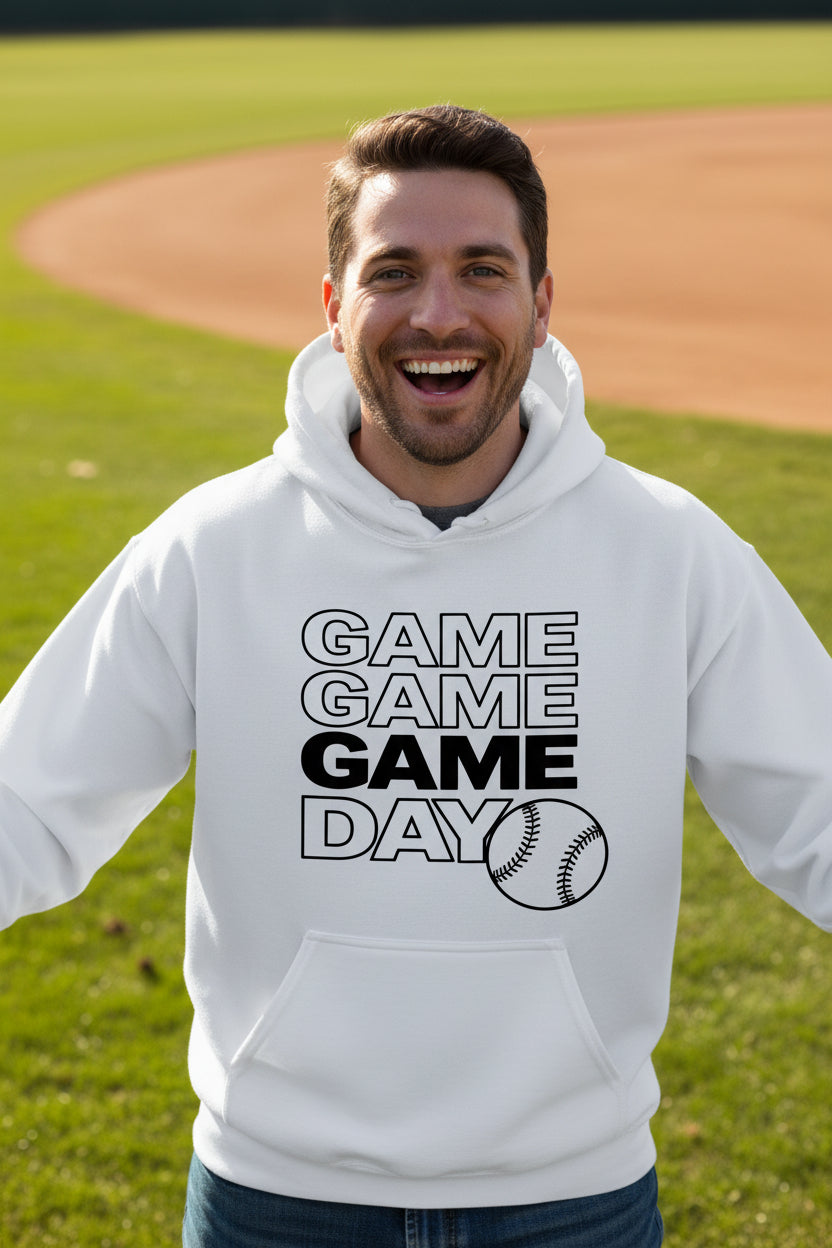 Game Game Day Baseball Mens Hoodie Bold Sports Fan Graphic WHITE - SF500 - FRONT