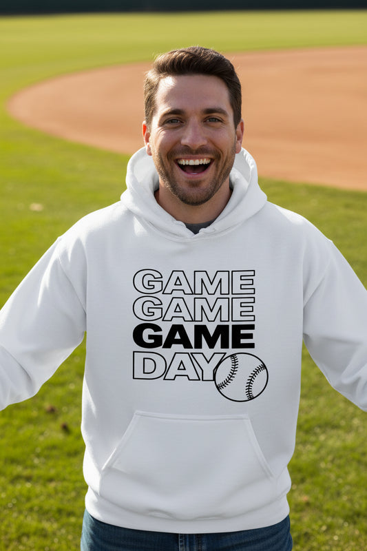 Game Game Day Baseball Mens Hoodie Bold Sports Fan Graphic WHITE - SF500 - FRONT