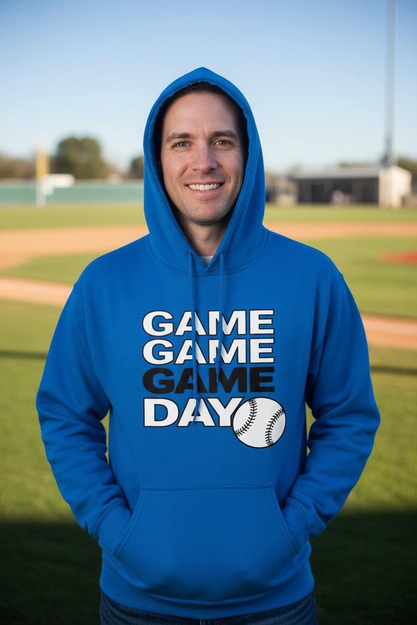 Game Game Day Baseball Mens Hoodie Bold Sports Fan Graphic Royal - SF500 - FRONT