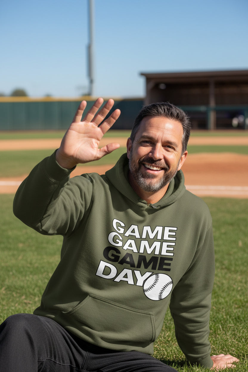Game Game Day Baseball Mens Hoodie Bold Sports Fan Graphic MILITARY GREEN - SF500 - FRONT