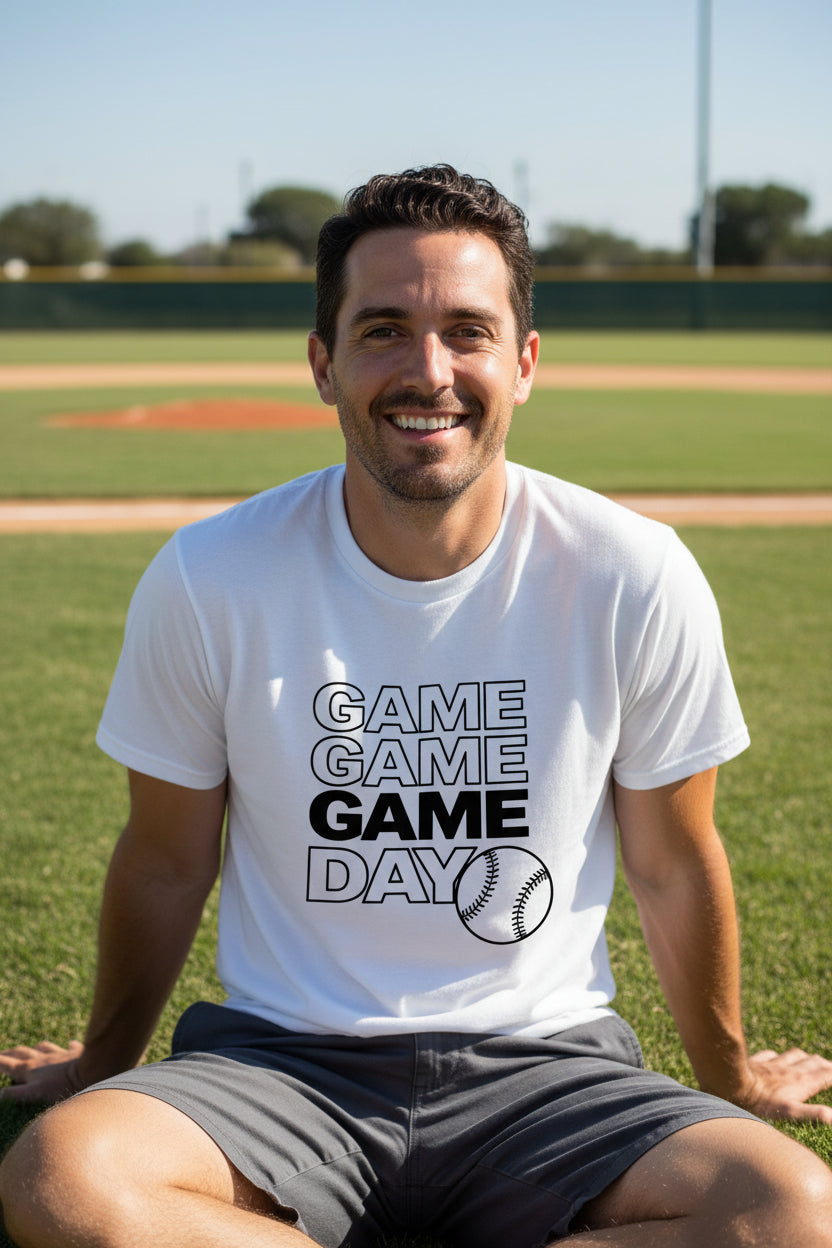 Game Game Day Baseball Mens T-Shirt Bold Sports Fan Graphic White - 3600 - FRONT