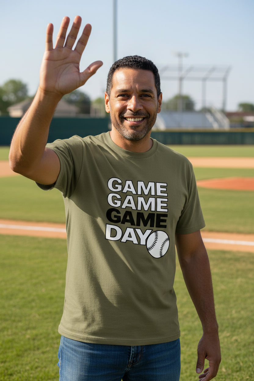Game Game Day Baseball Mens T-Shirt Bold Sports Fan Graphic MILITARY GREEN - 3600 - FRONT
