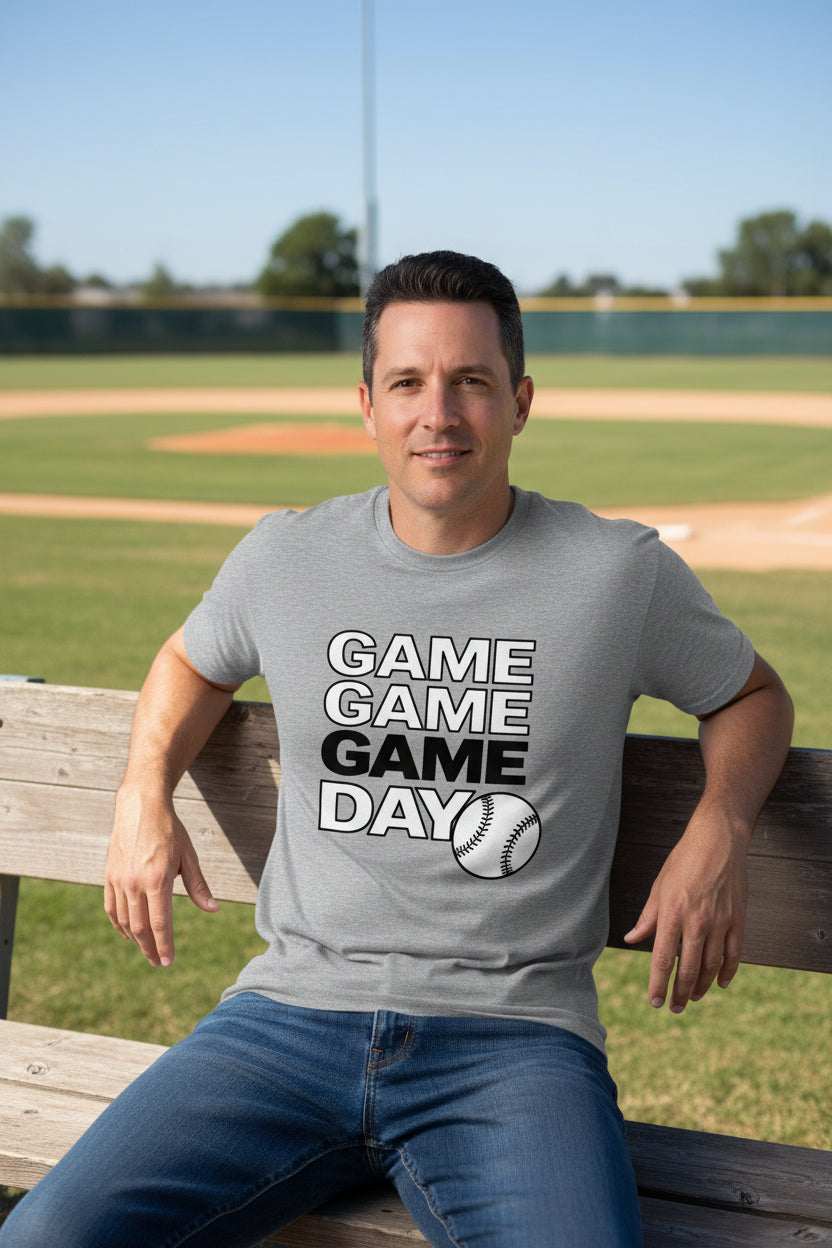 Game Game Day Baseball Mens T-Shirt Bold Sports Fan Graphic HEATHER GRAY - 3600 - FRONT