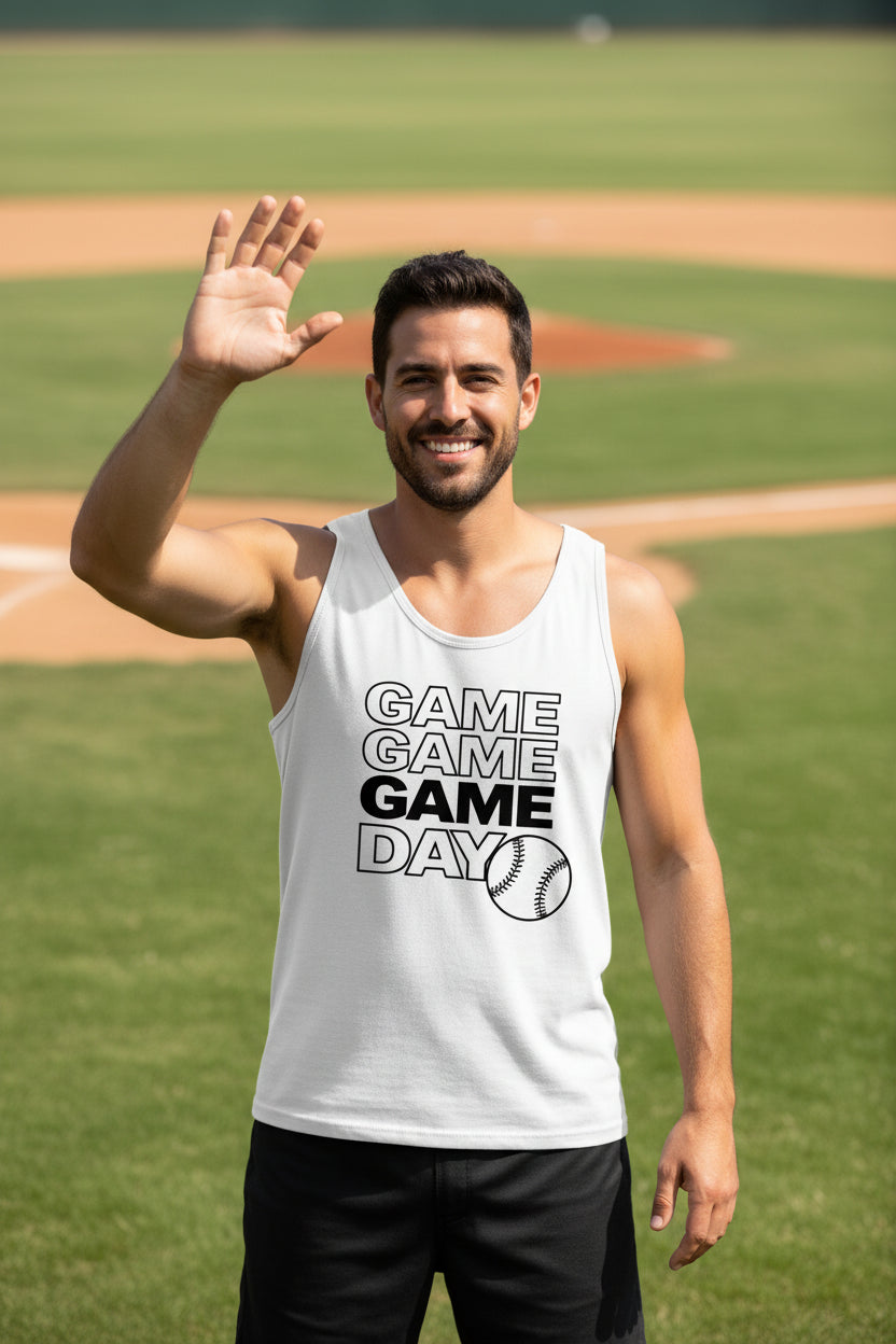 Game Game Day Baseball Mens Tank Top Bold Sports Fan Graphic WHITE - 3480 - FRONT