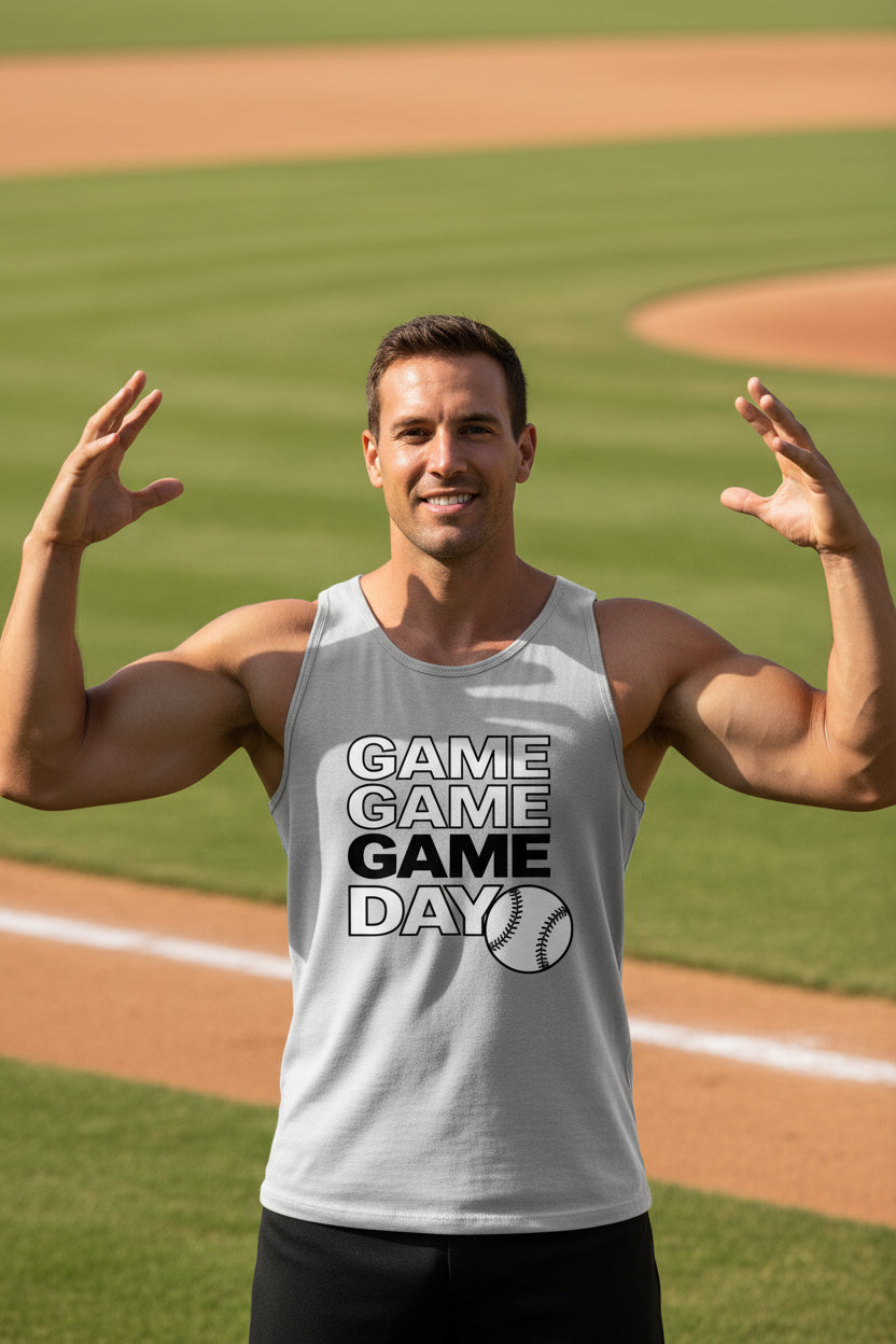 Game Game Day Baseball Mens Tank Top Bold Sports Fan Graphic SILVER - 3480 - FRONT