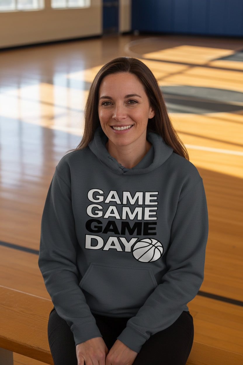 Game Game Day Basketball Ladies Hoodie Bold Sports Fan Graphic DARK HEATHER - SF500 - FRONT