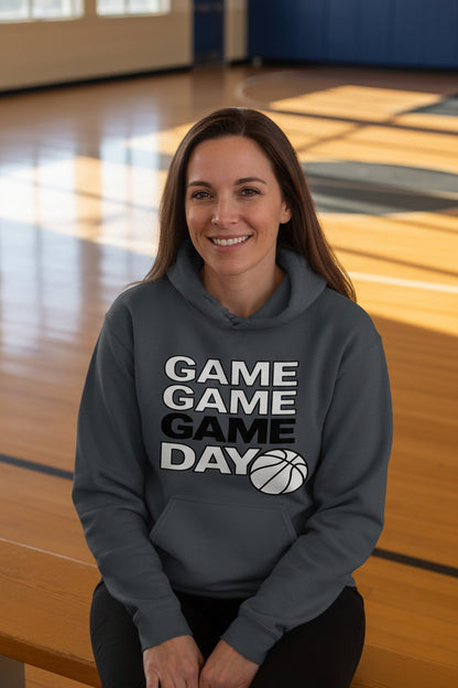 Game Game Day Basketball Ladies Hoodie Bold Sports Fan Graphic DARK HEATHER - SF500 - FRONT