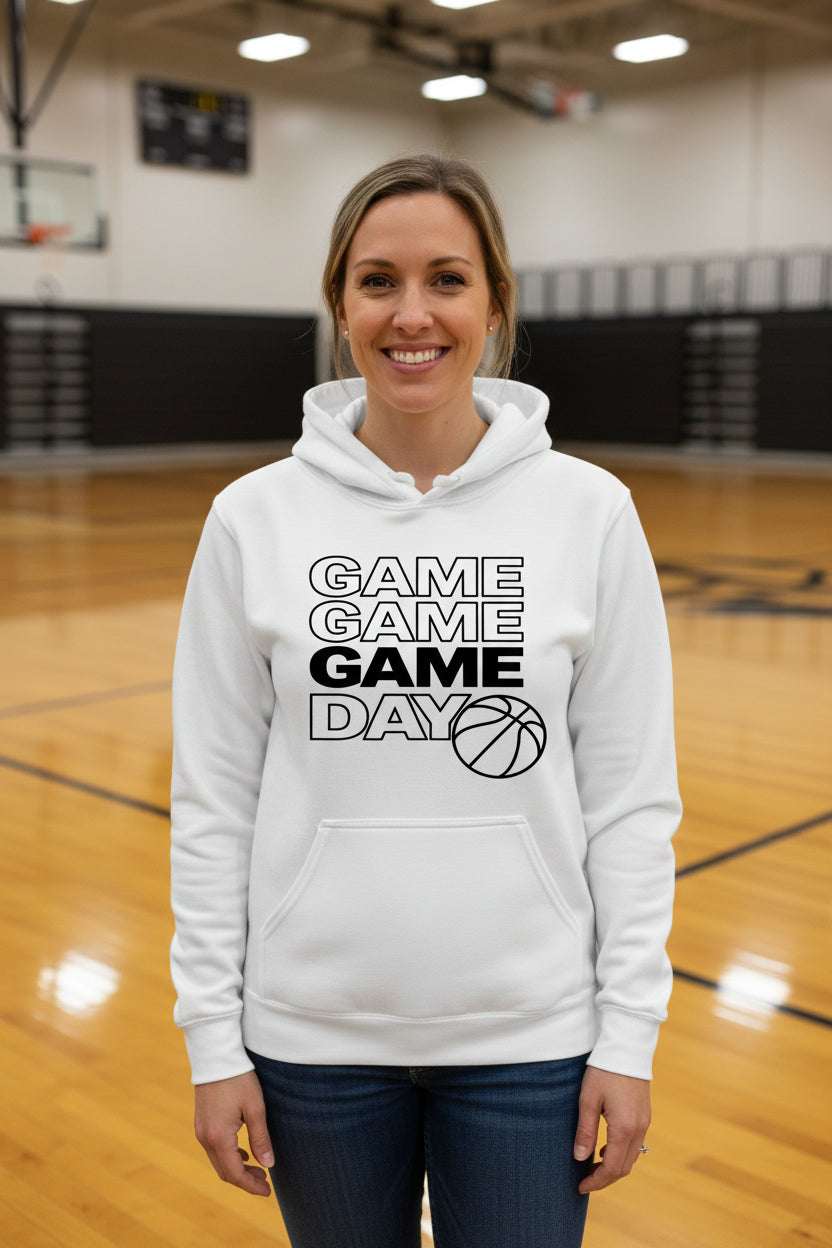 Game Game Day Basketball Ladies Hoodie Bold Sports Fan Graphic WHITE - SF500 - FRONT