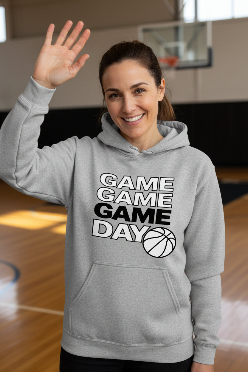 Game Game Day Basketball Ladies Hoodie Bold Sports Fan Graphic SPORT GREY - SF500 - FRONT