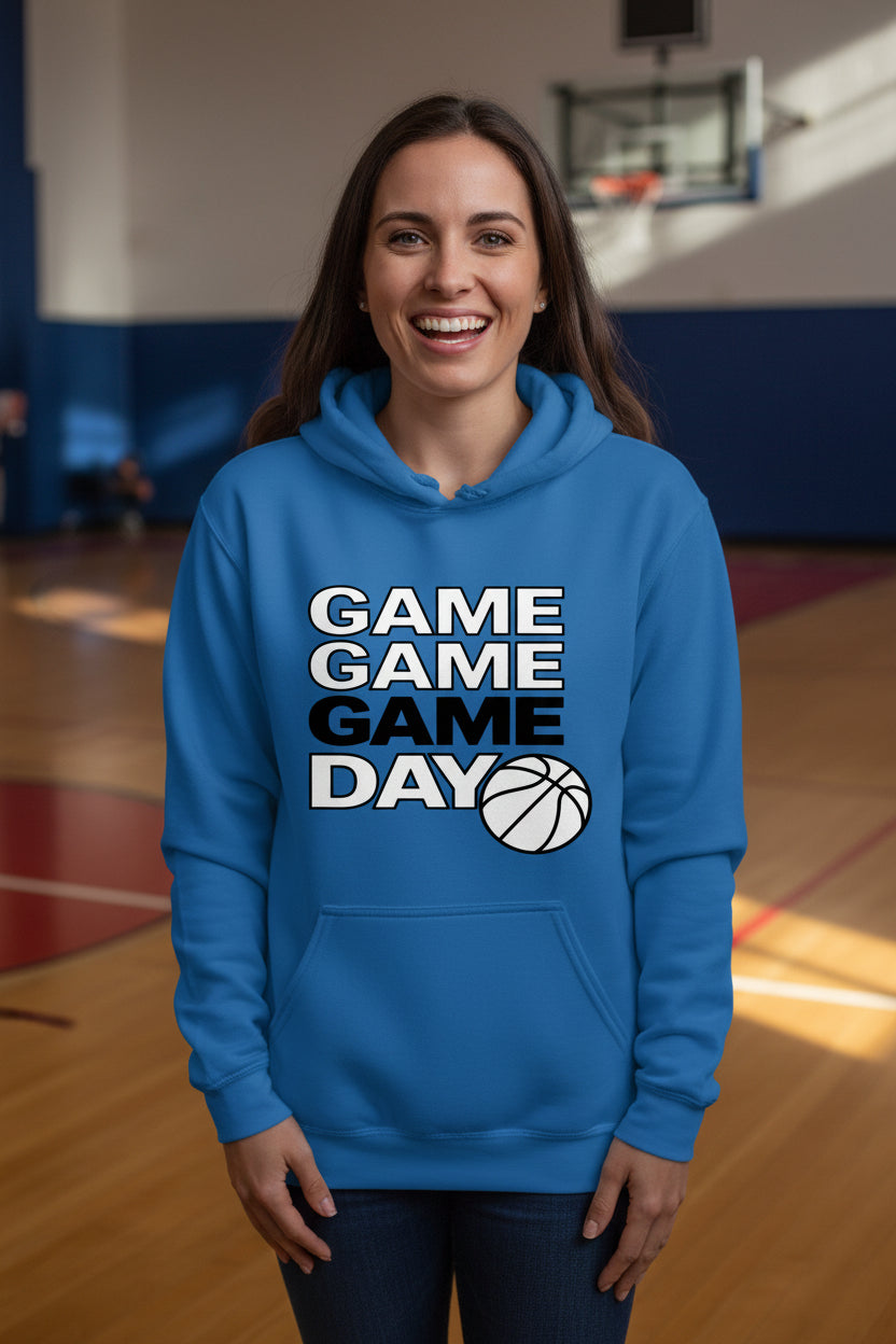Game Game Day Basketball Ladies Hoodie Bold Sports Fan Graphic Royal - SF500 - FRONT