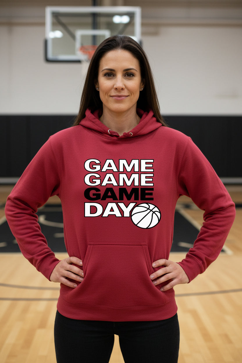 Game Game Day Basketball Ladies Hoodie Bold Sports Fan Graphic RED - SF500 - FRONT