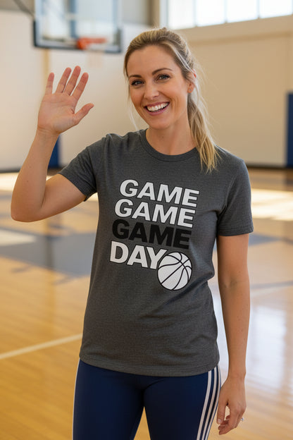 Game Game Day Basketball Ladies T-Shirt Bold Sports Fan Graphic DRK GREY HEATHER - 6004 - FRONT