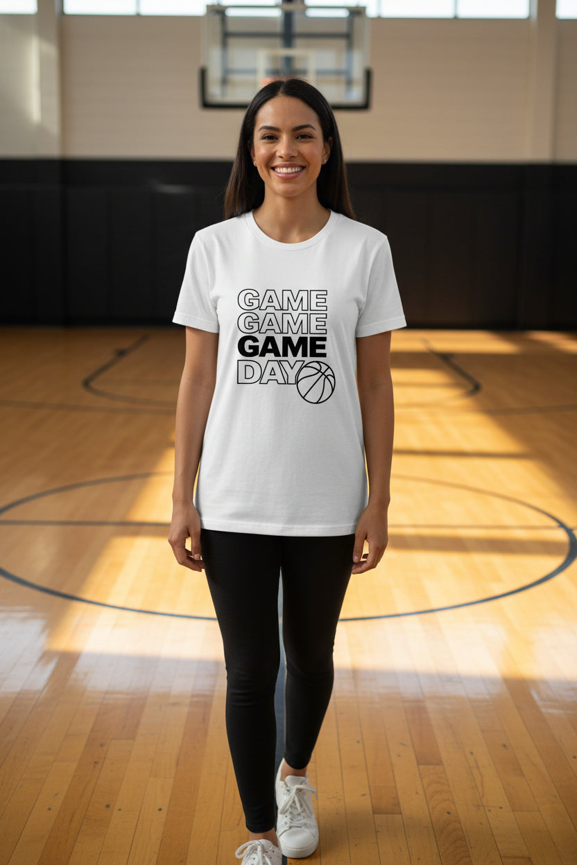 Game Game Day Basketball Ladies T-Shirt Bold Sports Fan Graphic WHITE - 6004 - FRONT
