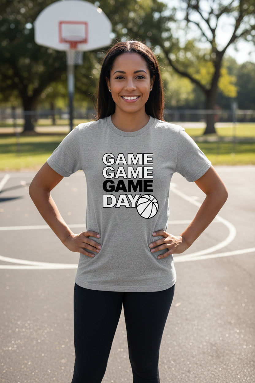 Game Game Day Basketball Ladies T-Shirt Bold Sports Fan Graphic ATHLETIC HEATHER - 6004 - FRONT