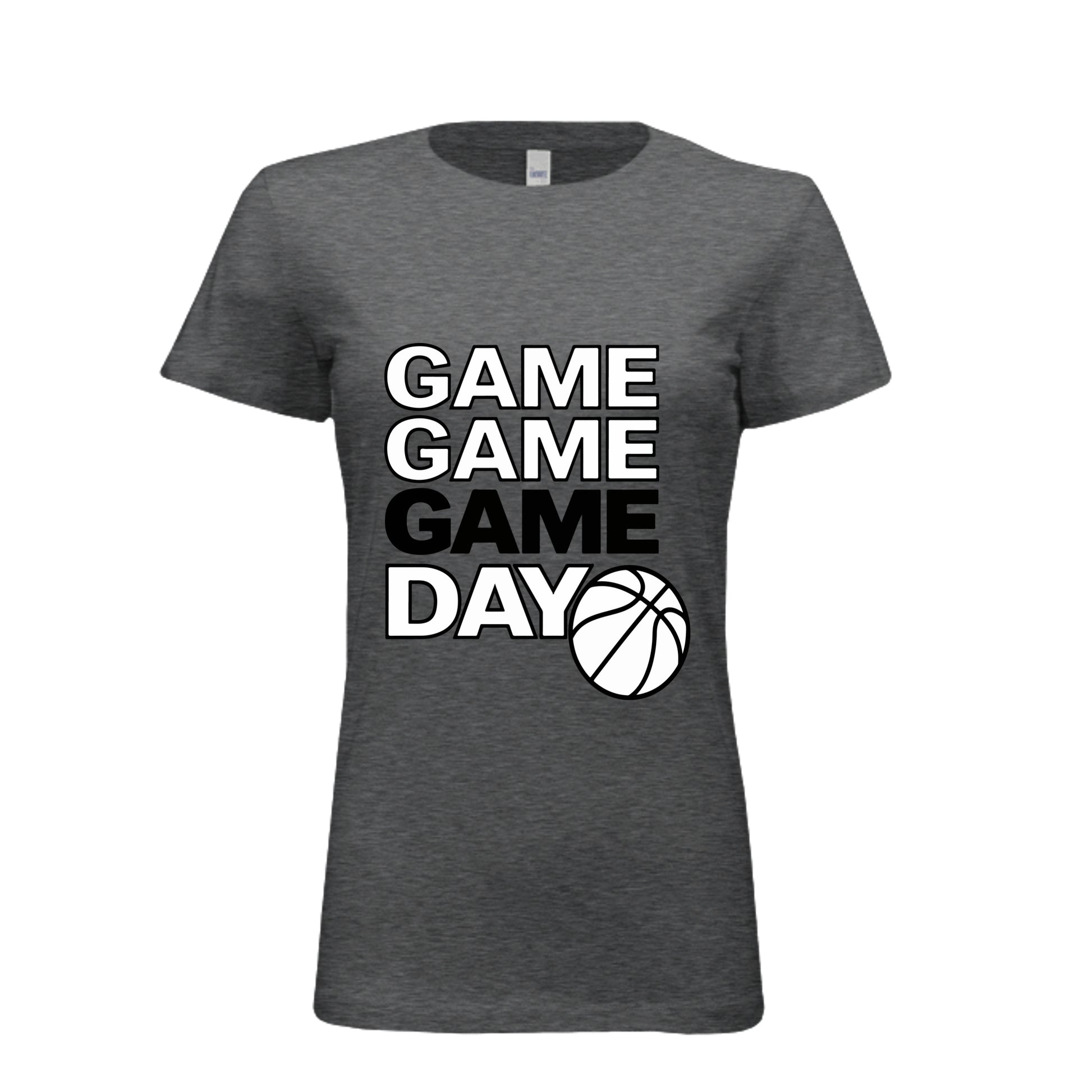 Game Game Day Basketball Ladies T-Shirt Bold Sports Fan Graphic DRK GREY HEATHER - 6004 - FRONT