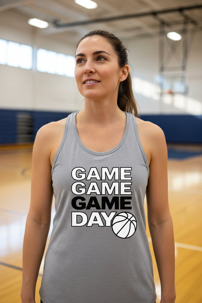 Game Game Day Basketball Ladies Tank Top Bold Sports Fan Graphic Heather Gray - N1533 - FRONT