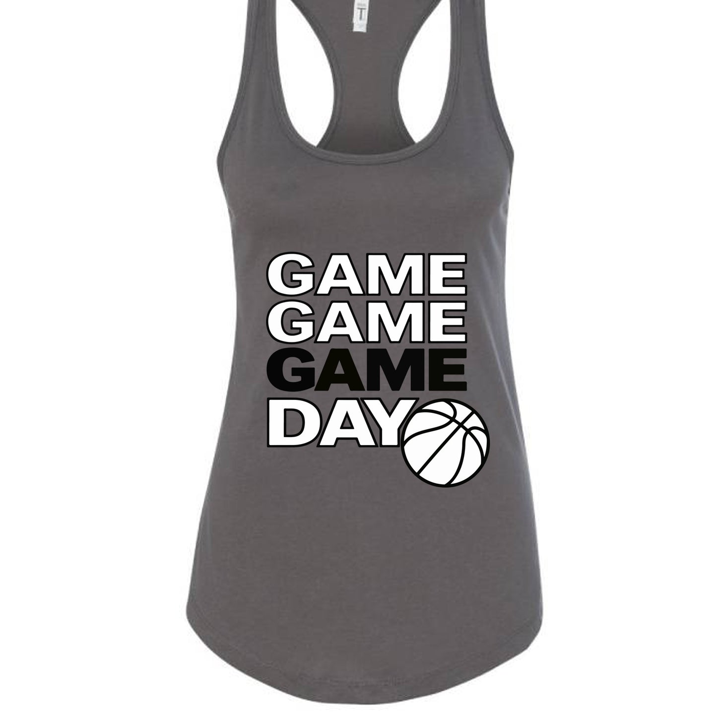 Game Game Day Basketball Ladies Tank Top Bold Sports Fan Graphic Dark Gray - N1533 - FRONT