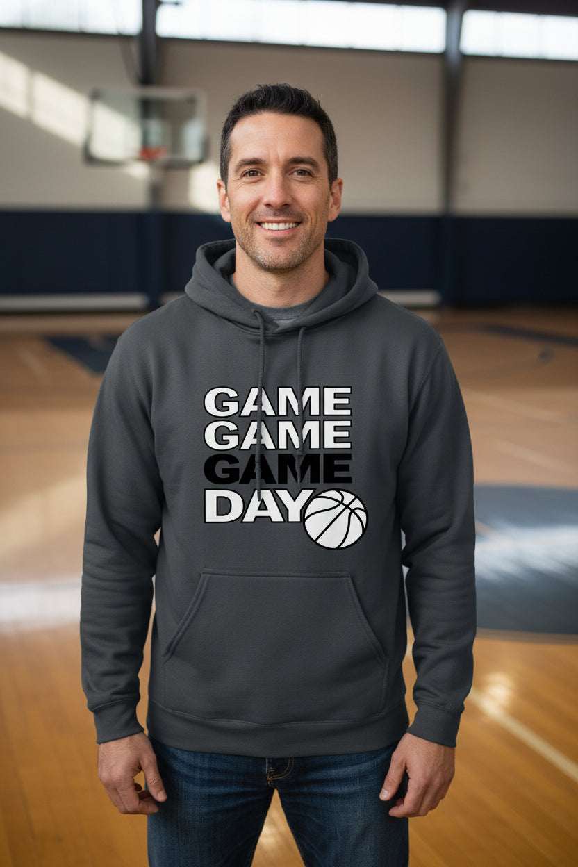 Game Game Day Basketball Mens Hoodie Bold Sports Fan Graphic DARK HEATHER - SF500 - FRONT