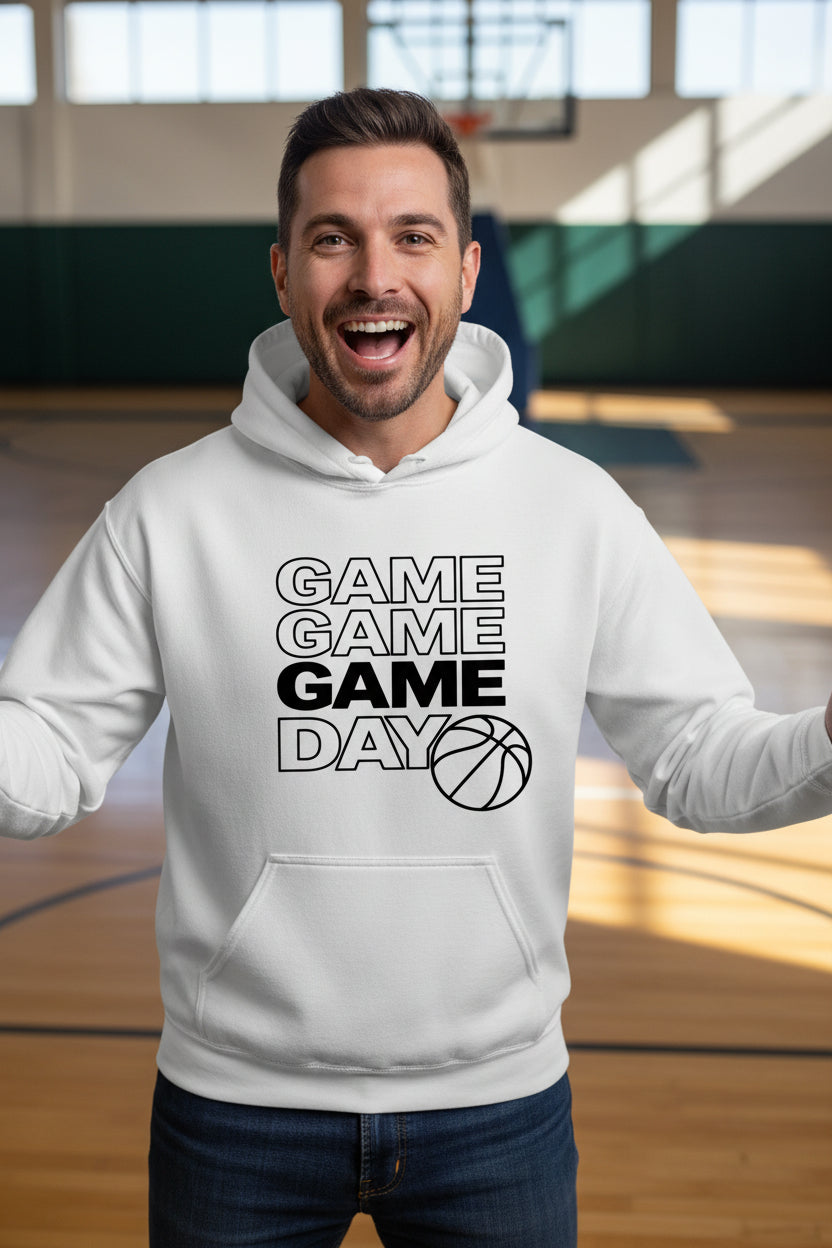 Game Game Day Basketball Mens Hoodie Bold Sports Fan Graphic  WHITE - SF500 - FRONT