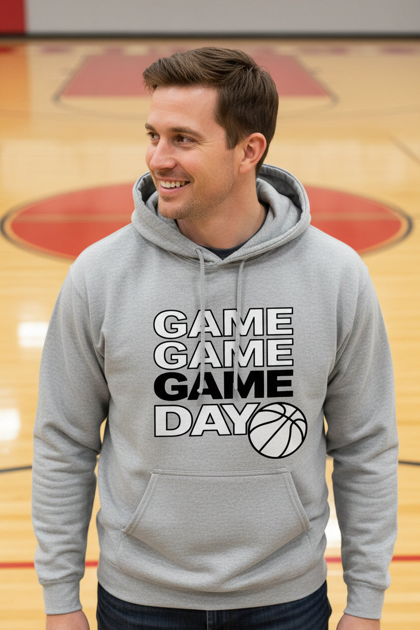 Game Game Day Basketball Mens Hoodie Bold Sports Fan Graphic  SPORT GREY - SF500 - FRONT