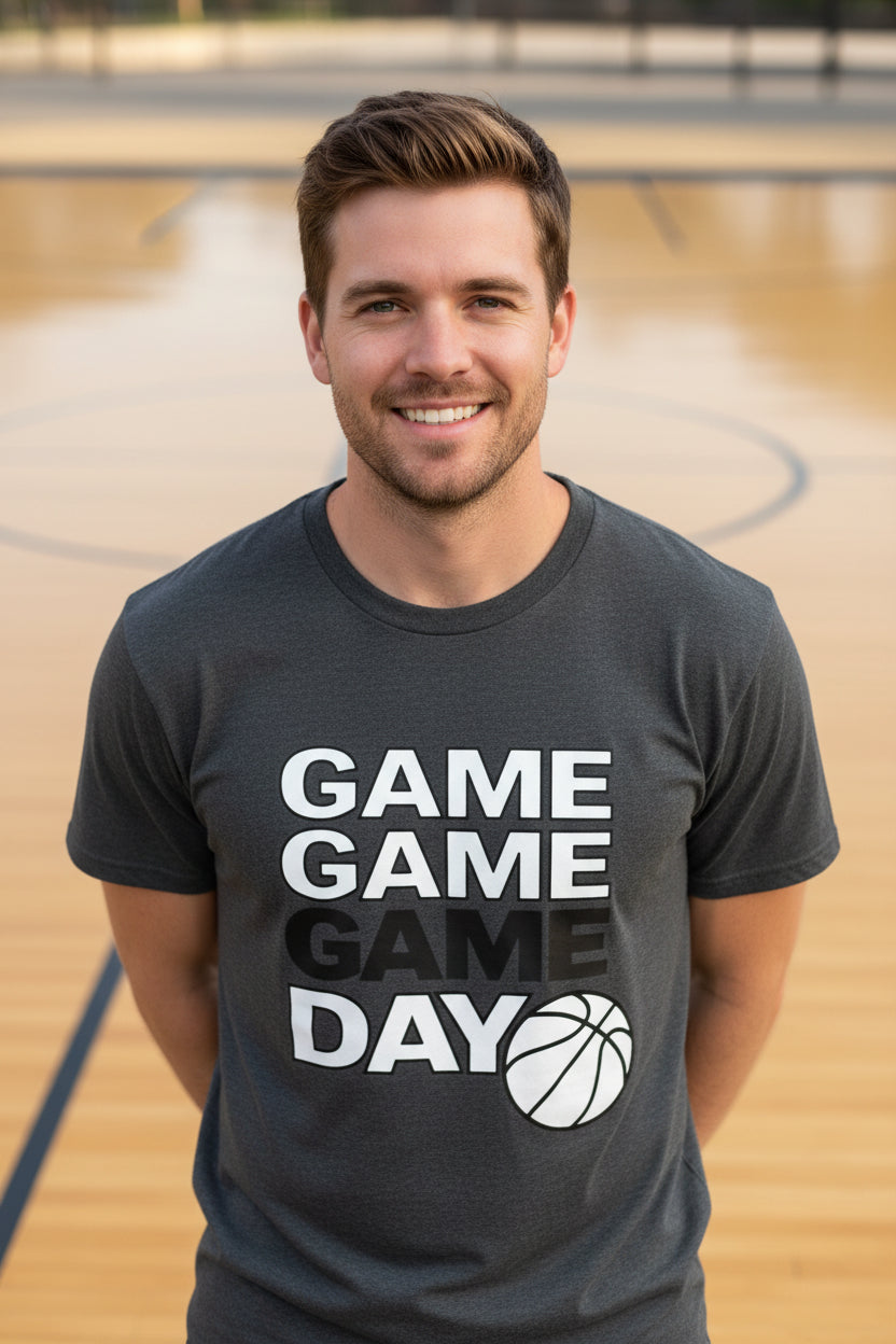 Game Game Day Basketball Mens T-Shirt Bold Sports Fan Graphic Graphite Black - 3600 - FRONT
