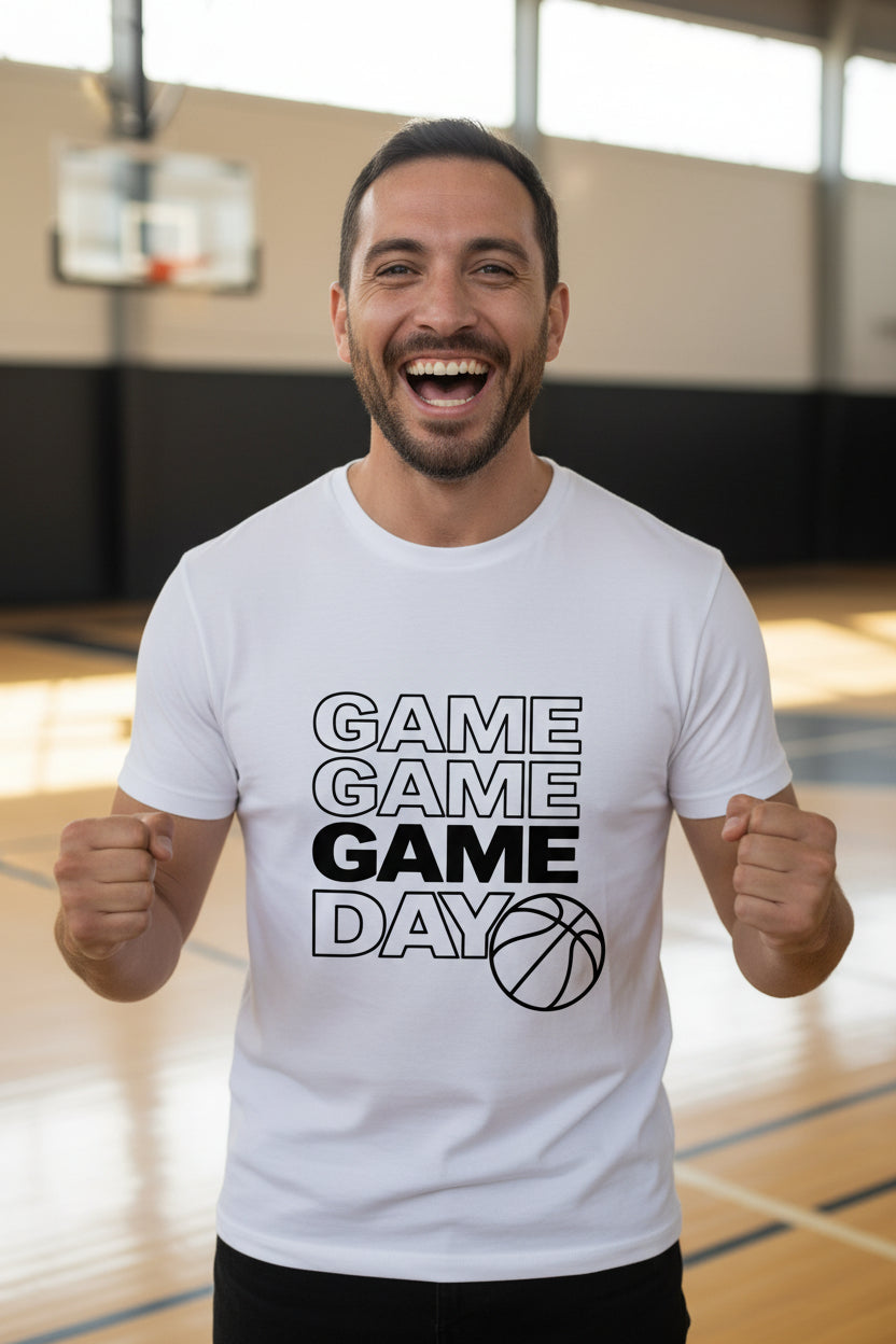 Game Game Day Basketball Mens T-Shirt Bold Sports Fan Graphic  White - 3600 - FRONT