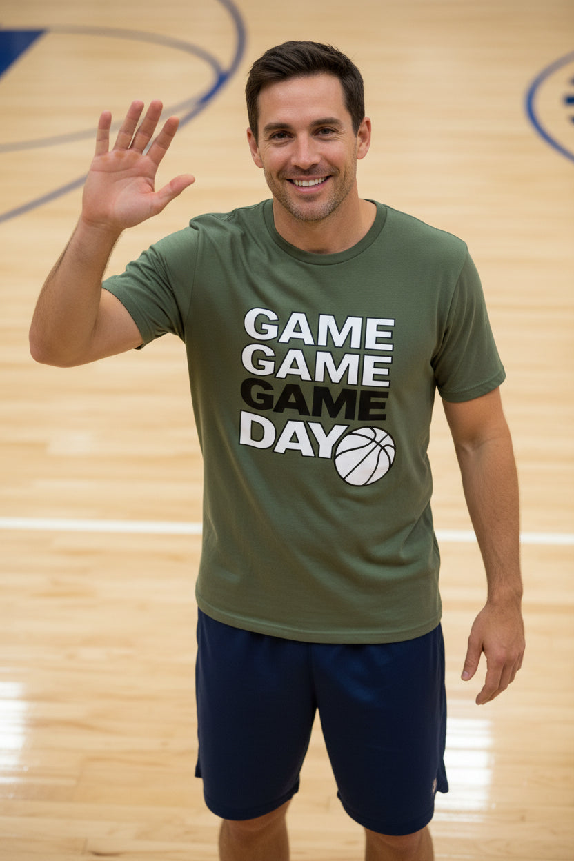 Game Game Day Basketball Mens T-Shirt Bold Sports Fan Graphic  MILITARY GREEN - 3600 - FRONT