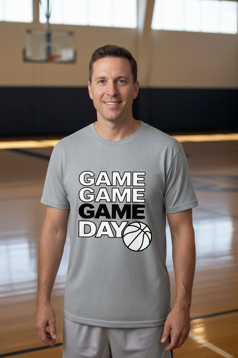 Game Game Day Basketball Mens T-Shirt Bold Sports Fan Graphic  HEATHER GRAY - 3600 - FRONT