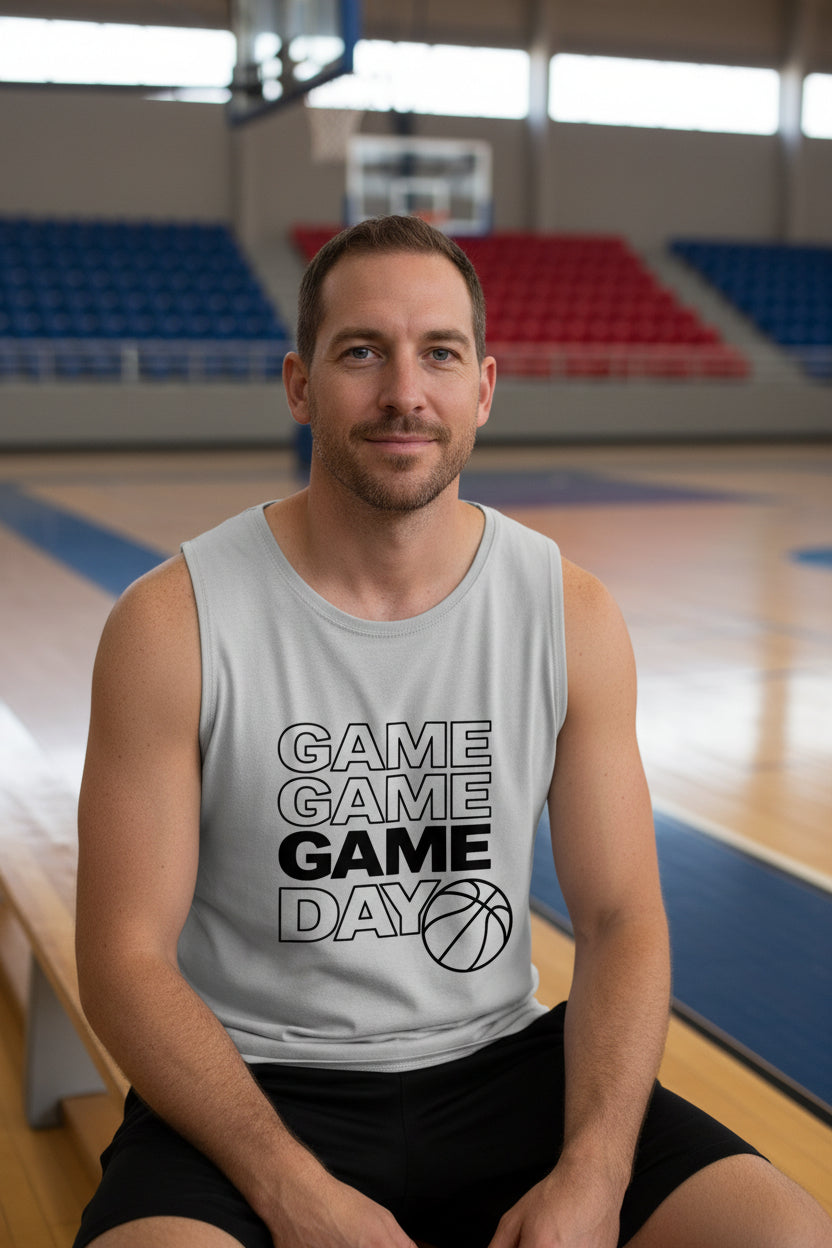 Game Game Day Basketball Mens Tank Top Bold Sports Fan Graphic  SILVER - 3480 - FRONT