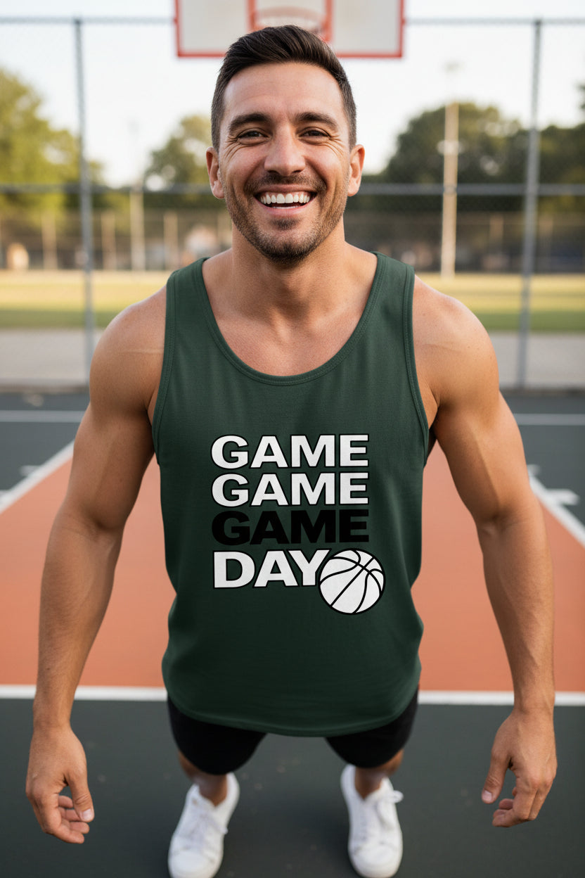 Game Game Day Basketball Mens Tank Top Bold Sports Fan Graphic  Forest - 3480 - FRONT