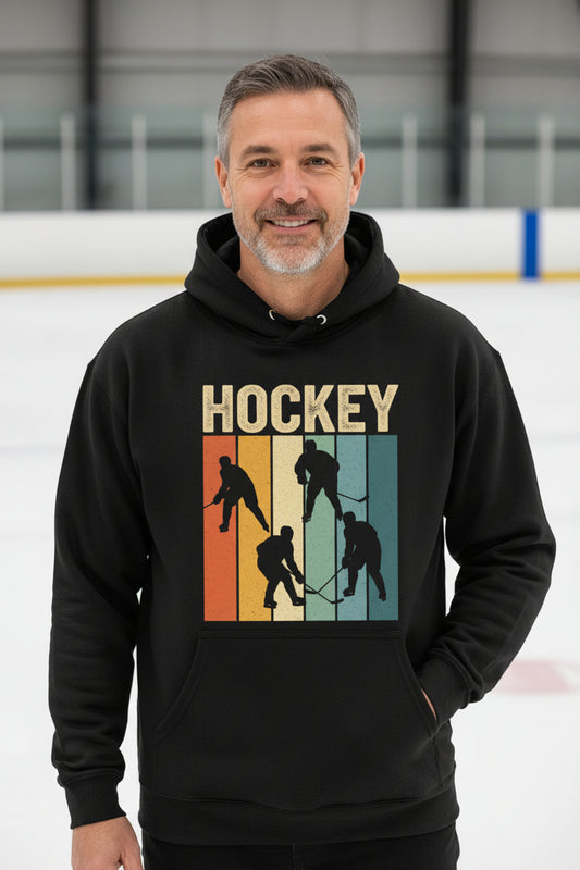 Hockey Dad Athletic Pride Retro Color Stripe Hoodie Design BLACK - FRONT