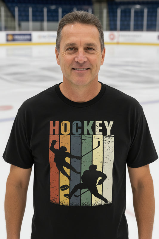 Hockey Dad Athletic Pride Retro Color Stripe T-Shirt Design BLACK - FRONT