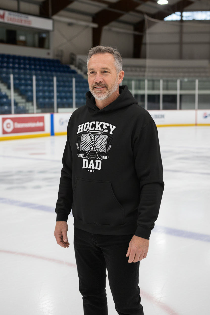 Hockey Dad Hoodie Graphic Design – Monochrome Sports-Inspired Artwork BLACK - FRONT