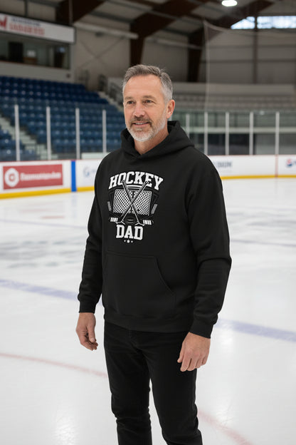 Hockey Dad Hoodie Graphic Design – Monochrome Sports-Inspired Artwork BLACK - FRONT