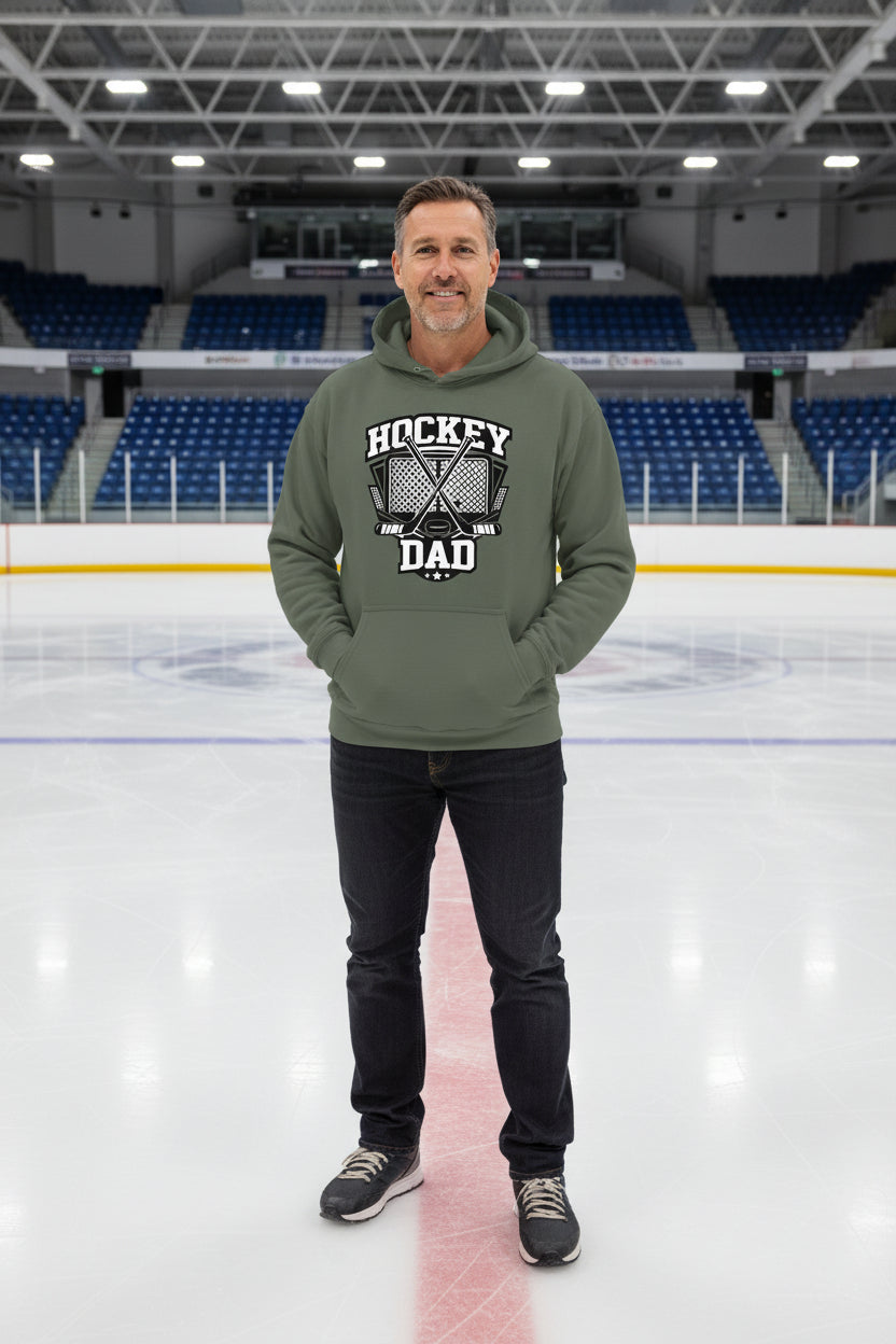 Hockey Dad Hoodie Graphic Design – Monochrome Sports-Inspired Artwork MILITARY GREEN - FRONT