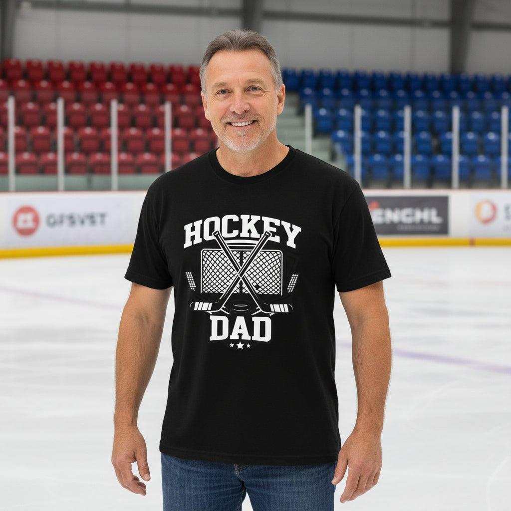 Hockey Dad T-Shirt Graphic Design – Monochrome Sports-Inspired Artwork BLACK - FRONT