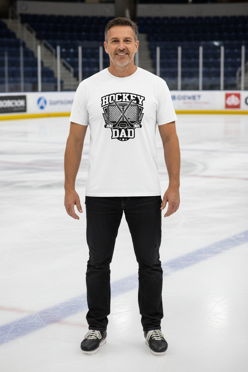 Hockey Dad T-Shirt Graphic Design – Monochrome Sports-Inspired Artwork White - FRONT