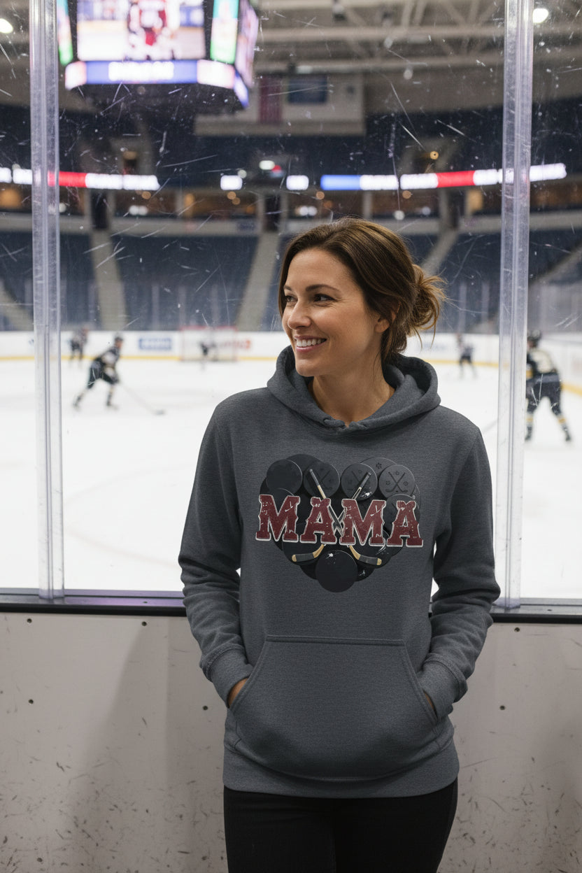 Hockey Mama Heart Hoodie - Athletic Pride Mom Spirit DARK HEATHER - FRONT