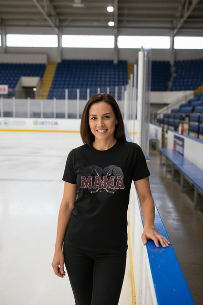 Hockey Mama Heart T-Shirt- Athletic Pride Mom Spirit SOLID BLK BLEND - FRONT