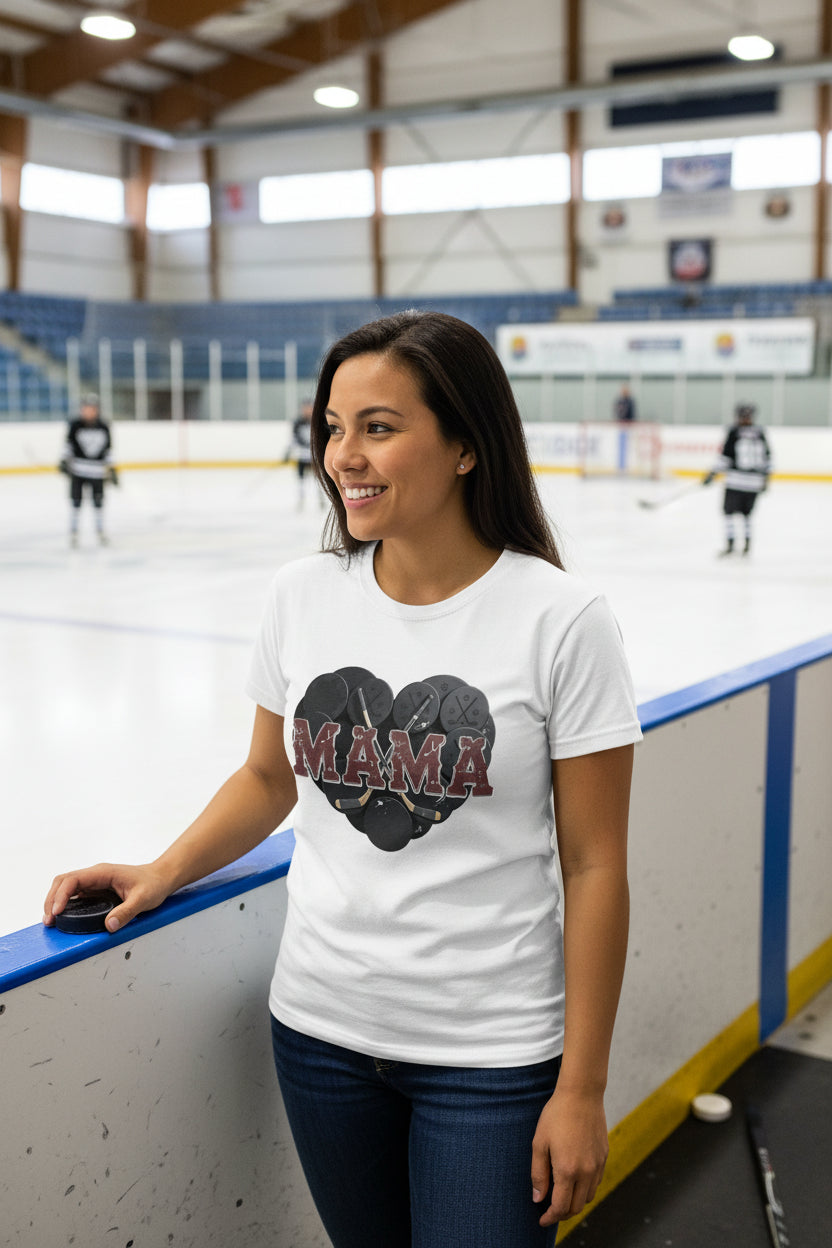Hockey Mama Heart T-Shirt- Athletic  Pride Mom Spirit WHITE - FRONT