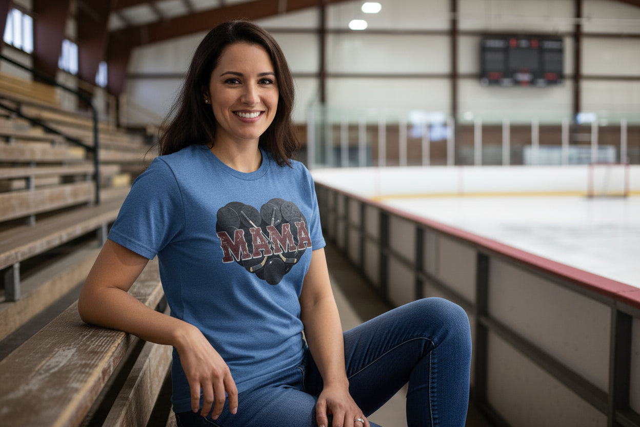 Hockey Mama Heart T-Shirt- Athletic Pride Mom Spirit HTHR TRUE ROYAL - FRONT